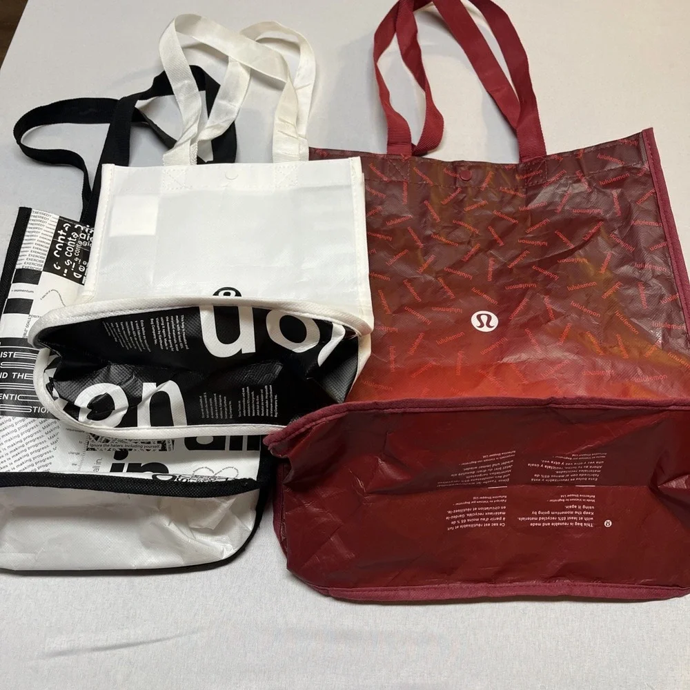 Lululemon Reusable Tote Bag Set Red White Black Yoga Gym Shopping Tote Lot of 3